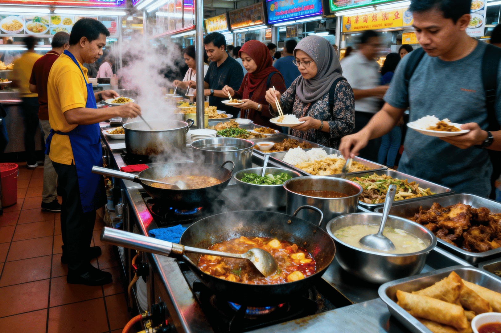 Crowded Singapore hawker stall with steaming pots and vibrant trays of curries, rice, and fried dishes, as locals queue for lunch—capturing the communal rhythm of street food in Whispers Across the Wok.