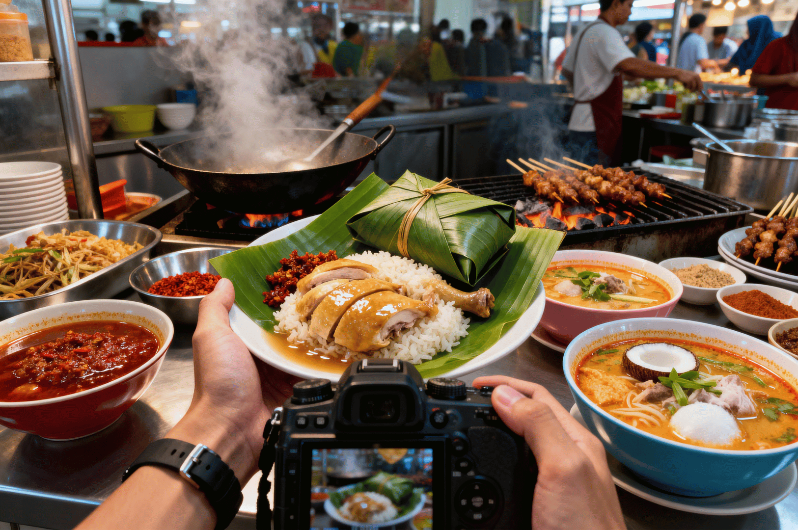 Plate of Hainanese chicken rice held above a camera in a bustling Singapore hawker center, surrounded by steaming laksa, grilled skewers, and colorful condiments—capturing the sensory richness of street food culture.