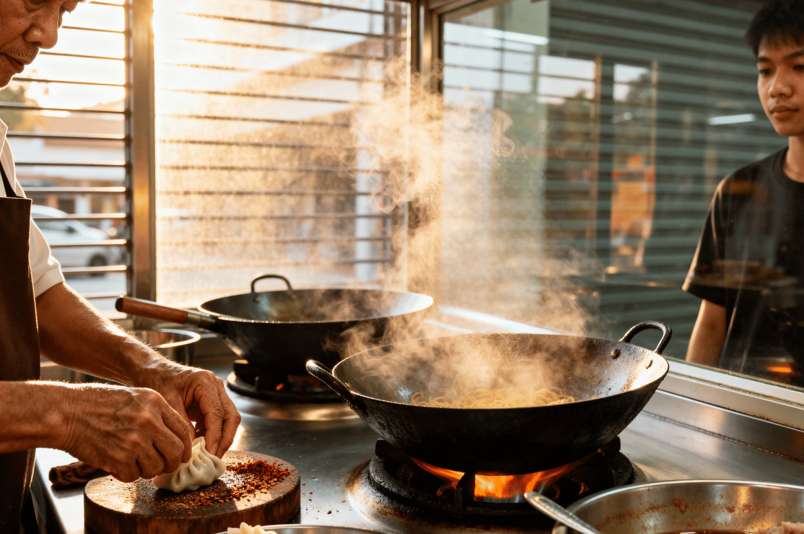 Street food vendor hand-shaping dumplings beside steaming woks over open flame in a glass-fronted Singapore stall—highlighting traditional technique and warm twilight ambiance in Whispers Across the Wok.