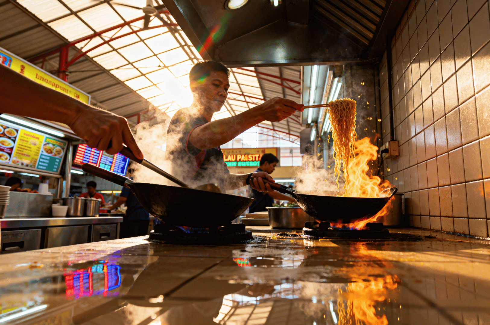 Flames leap from a wok as a Singapore hawker chef stir-fries noodles under golden sunlight at Lau Pa Sat—capturing the heat, motion, and drama of street food culture.
