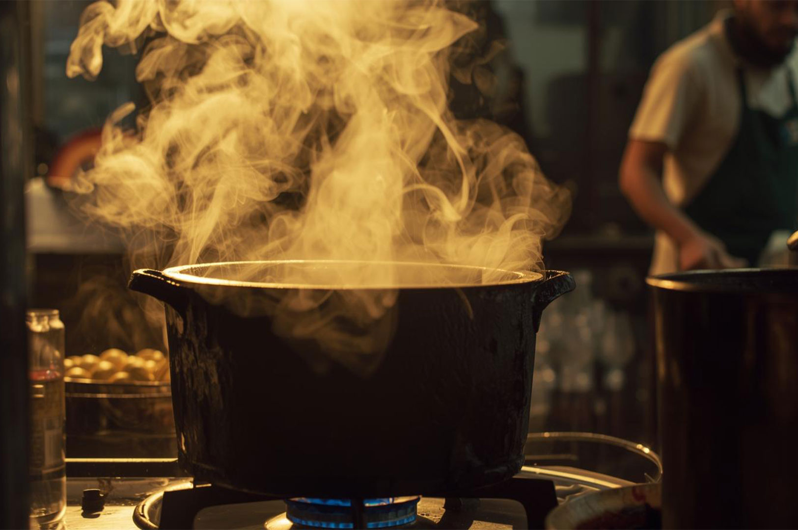 A black cooking pot vigorously steaming over a blue gas flame in a commercial kitchen or hawker stall, with a blurred chef in the background.