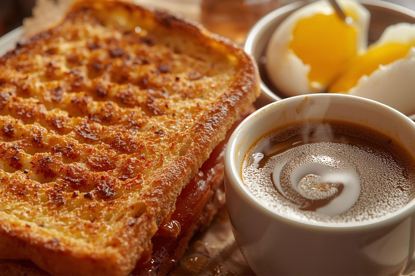 Extreme close-up of a Singaporean breakfast set featuring golden, toasted kaya toast, a steaming cup of kopi (coffee), and soft-boiled eggs in a silver bowl.