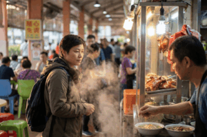 A bustling hawker center in Singapore, where diners enjoy steaming bowls of noodles and roasted meats under bright lights—capturing the lively, communal spirit of Michelin-rated street food.