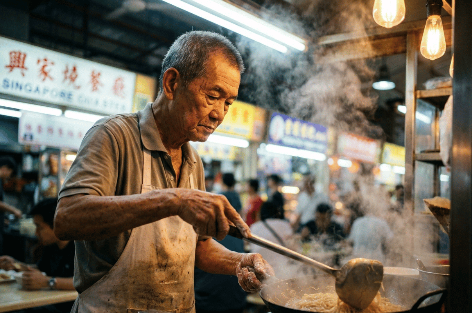 Bespoke-Michelin- (2) An elderly hawker expertly stirs steaming noodles in a wok, surrounded by glowing signs and bustling diners—evoking the soulful craft behind Singapore’s Michelin street food legacy.