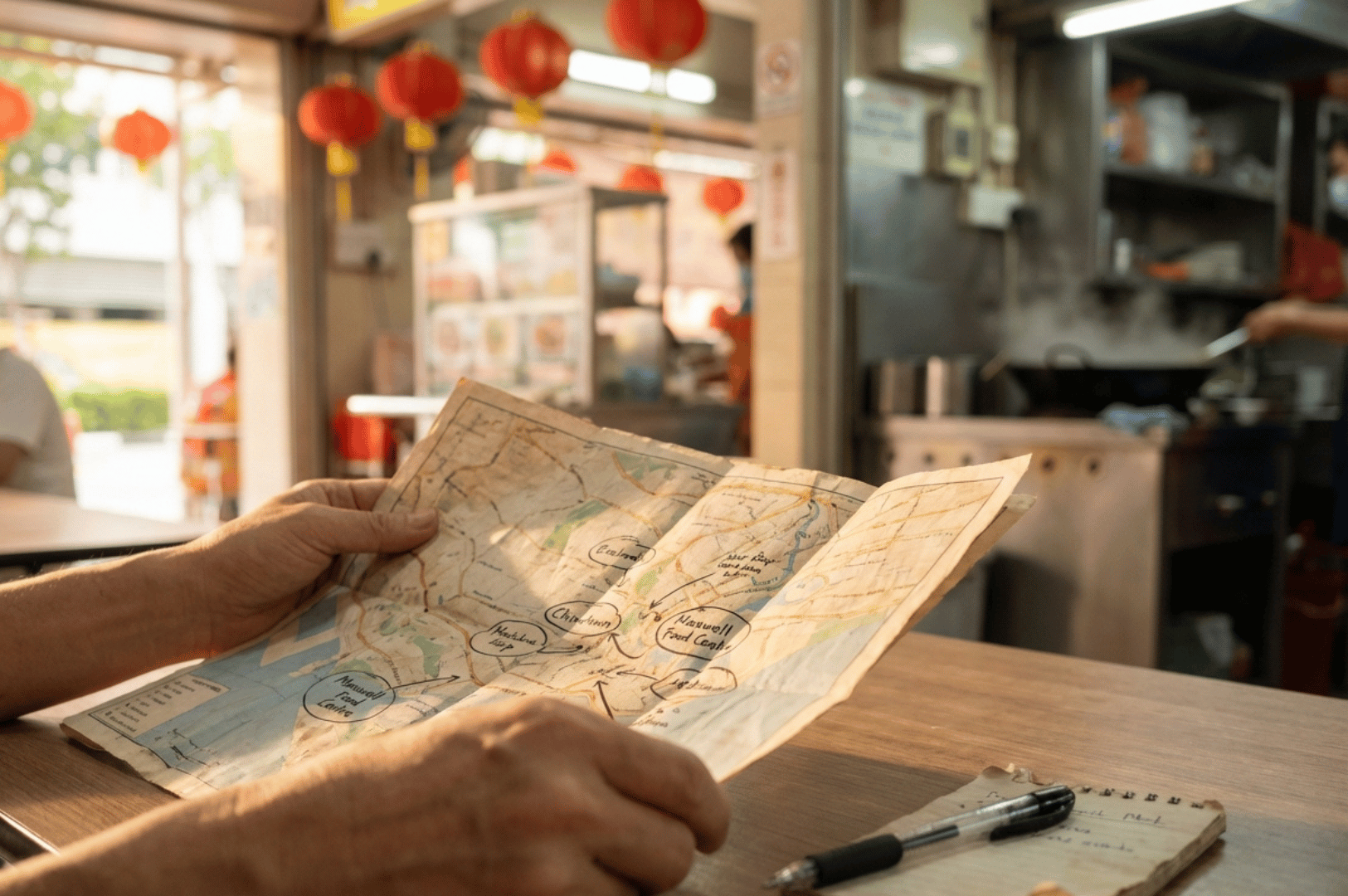 Bespoke-Michelin- (3) A traveler seated in a lantern-lit hawker stall studies a marked city map beside handwritten notes—capturing the spirit of discovery behind Singapore’s Michelin street food trail.