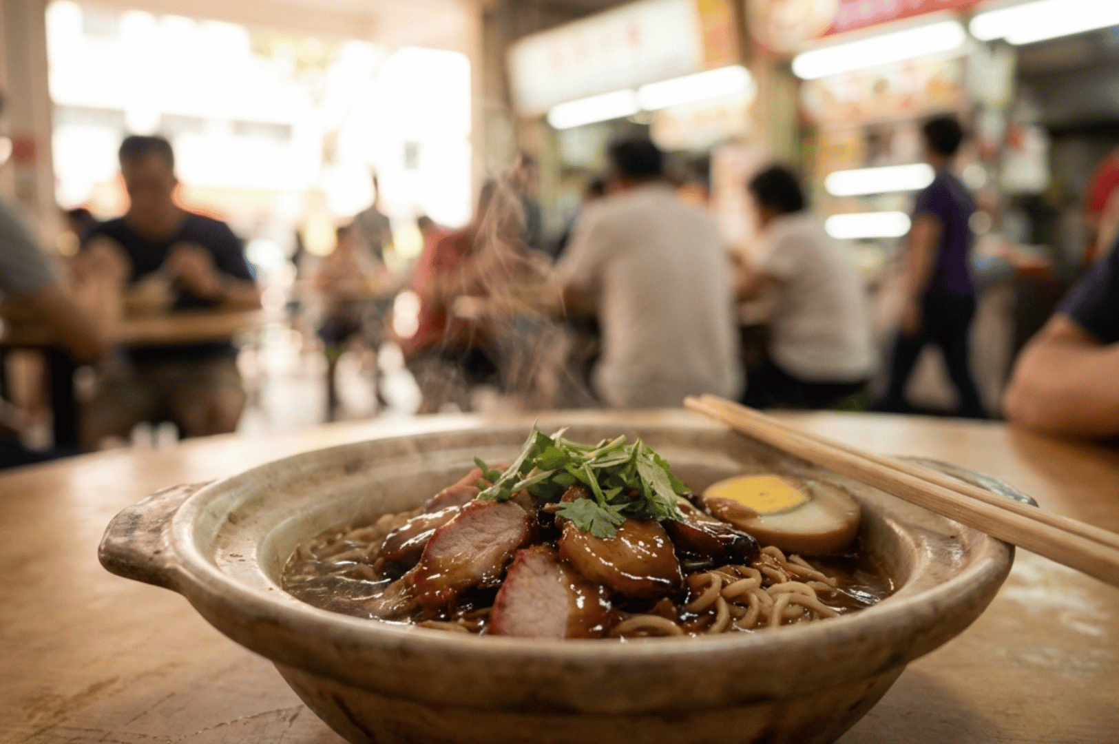 Bespoke-Michelin- (4) A steaming bowl of char siu noodle soup sits on a wooden table in a lively hawker center—its rich broth, soft-boiled egg, and fresh herbs embody the depth and flavor of Singapore’s Michelin street food scene.