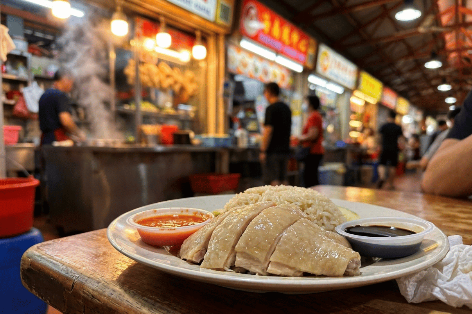 Bespoke-Michelin- (5) A neatly plated serving of Hainanese chicken rice with chili and soy sauces, set against the steam and bustle of a hawker center—showcasing the elegance and authenticity of Singapore’s Michelin street food icons.