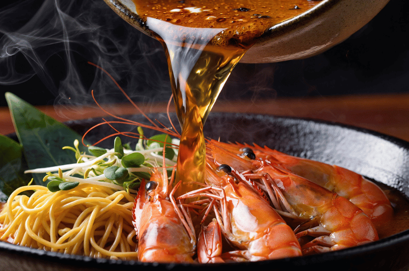 In-Motion- (4) A high-speed capture of rich, golden broth being poured from a ceramic pitcher onto a bowl of noodles and fresh prawns, showing the fluid movement and steam rising from the dish.