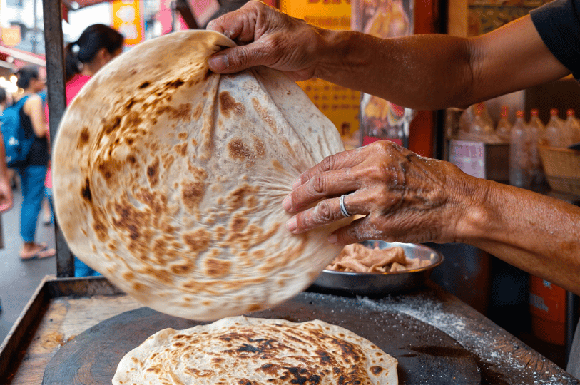 In-Motion- (5) A first-person perspective of a vendor's hands expertly stretching and flipping a large, circular roti flatbread, with a circular blur capturing the fast, rhythmic movement of the dough.