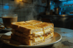 Steaming, traditional Kaya Toast on a diner plate, showcasing the contrast between melted kaya jam and generous slabs of cold butter sandwiched between four pieces of crispy, golden toast. The image captures the warmth and simple artistry of a classic breakfast.