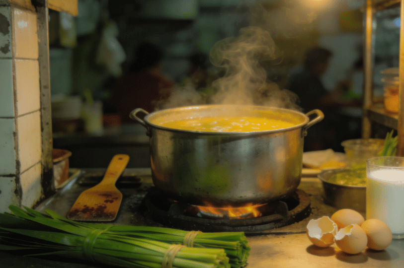 A close-up of a large pot of shimmering, golden kaya jam simmering on a stove in a dimly lit kitchen, with a wooden spatula and two bundles of fresh pandan leaves, eggs, and a glass of milk or coconut cream arranged on the counter in the foreground.