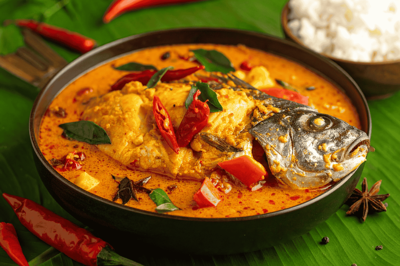 Little-India-3 A whole fish head simmered in a fiery orange-red curry, garnished with chilies, curry leaves, and star anise—Little India’s iconic dish served on a banana leaf with rice in the background.
