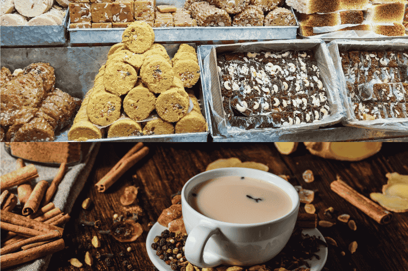 Little-India-4 A tempting spread of colorful Indian sweets—barfis, nutty rolls, and syrupy confections—gleam in metal trays above a cozy cup of masala chai surrounded by warming spices, capturing the indulgent charm of Little India’s beloved mithai shops.