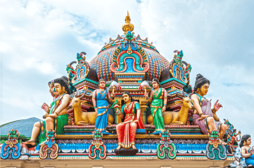 Little-India-5 A kaleidoscopic gopuram adorned with Hindu deities, mythic animals, and vibrant sculptural detail—Little India’s spiritual heart and architectural marvel.
