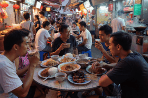 A lively street food scene bathed in warm lantern light, where friends huddle over steaming bowls and shared plates—capturing the intimacy, ritual, and unspoken bonds of late-night dining.