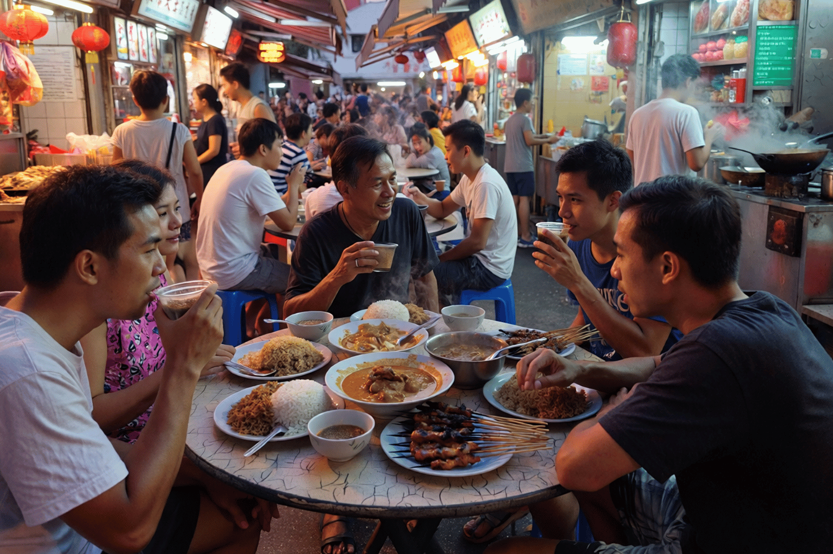 Midnight-Confessions- (1) A lively street food scene bathed in warm lantern light, where friends huddle over steaming bowls and shared plates—capturing the intimacy, ritual, and unspoken bonds of late-night dining.