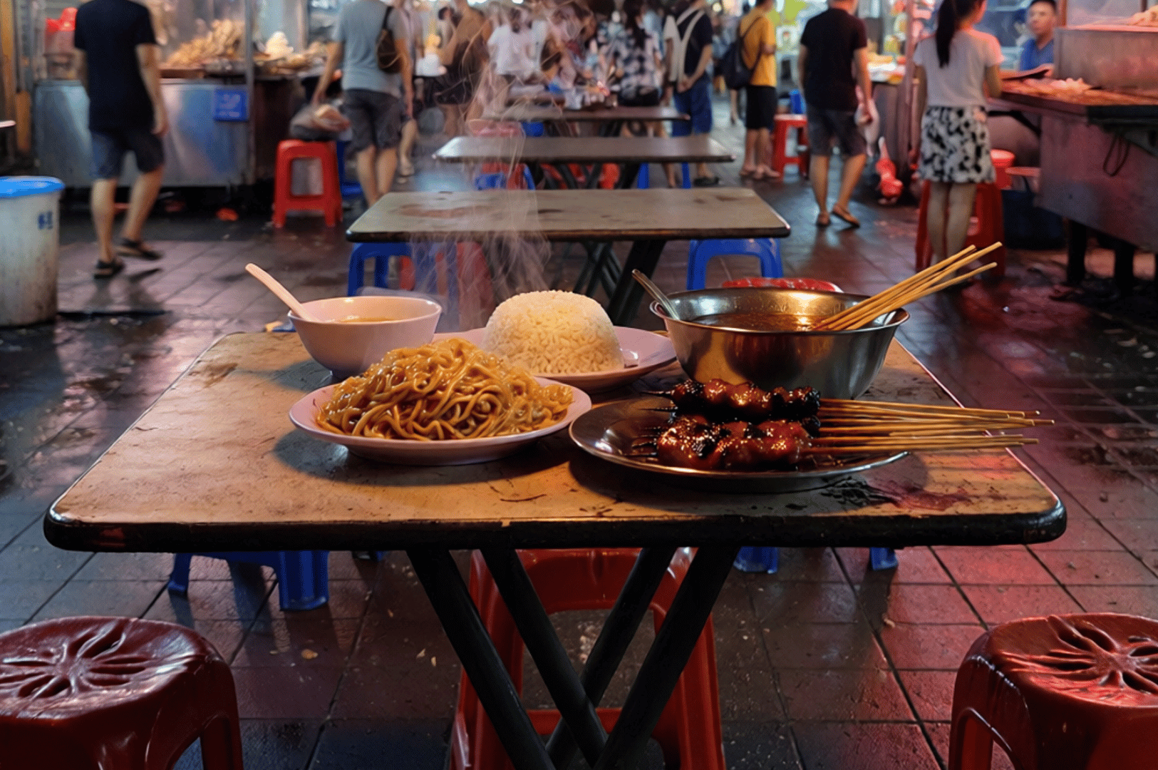 Midnight-Confessions- (2) Steam curls from bowls and skewers on a plastic-stooled table at a bustling night market—an intimate portrait of supper’s secret language, where every dish speaks of warmth, ritual, and shared hunger.