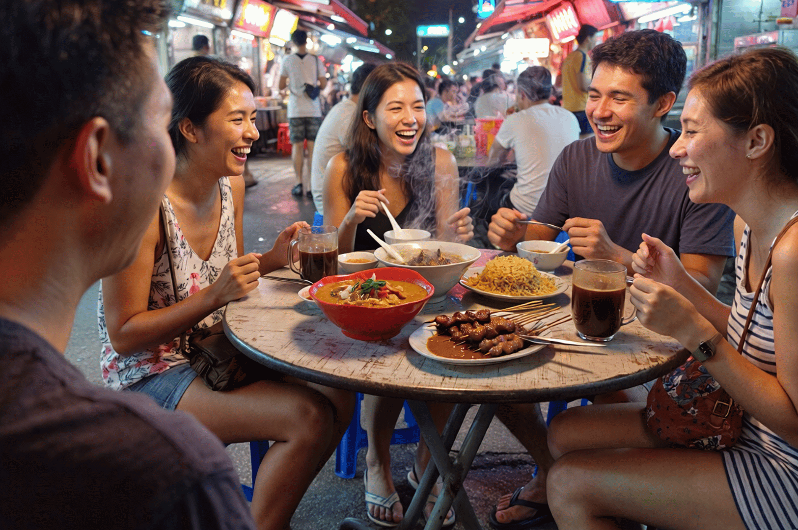 Midnight-Confessions- (3) Five friends lean into laughter and late-night curry, their table a constellation of skewers, steam, and secrets—capturing supper as a language of intimacy in the neon-lit hum of the street.