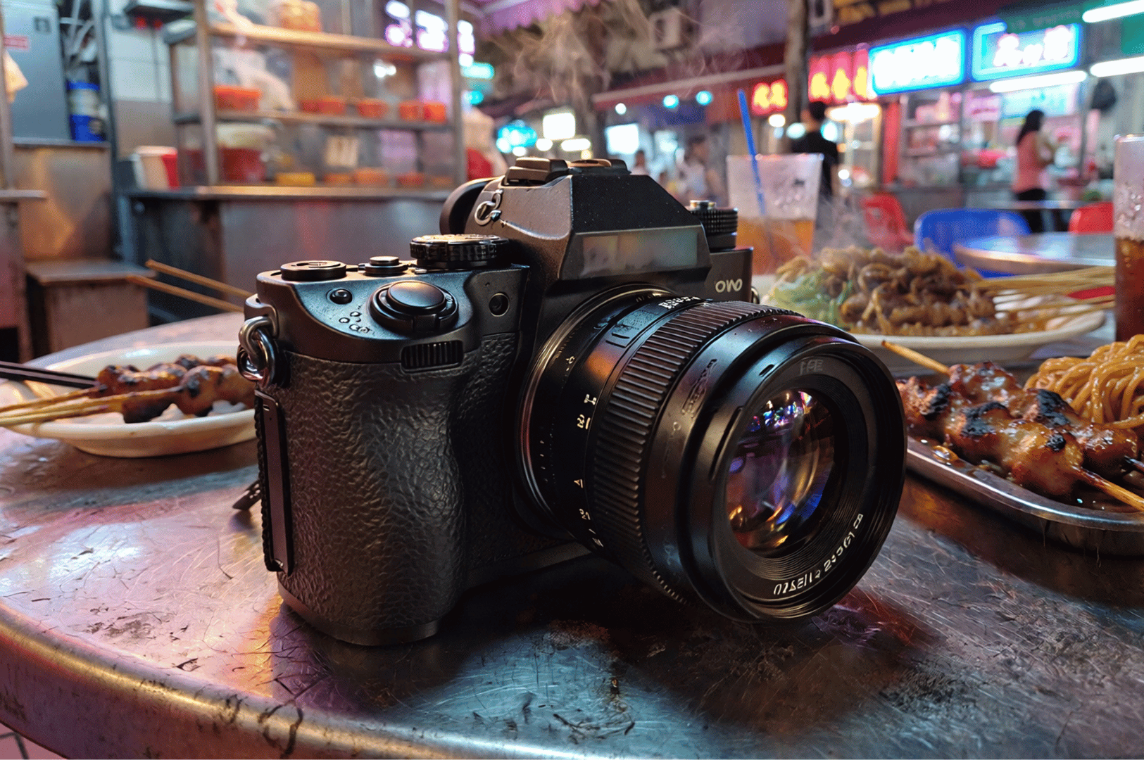 Midnight-Confessions- (4) A mirrorless camera rests among skewers and steam at a neon-lit market table—an ode to the quiet choreography behind food images, where supper becomes both subject and confession.