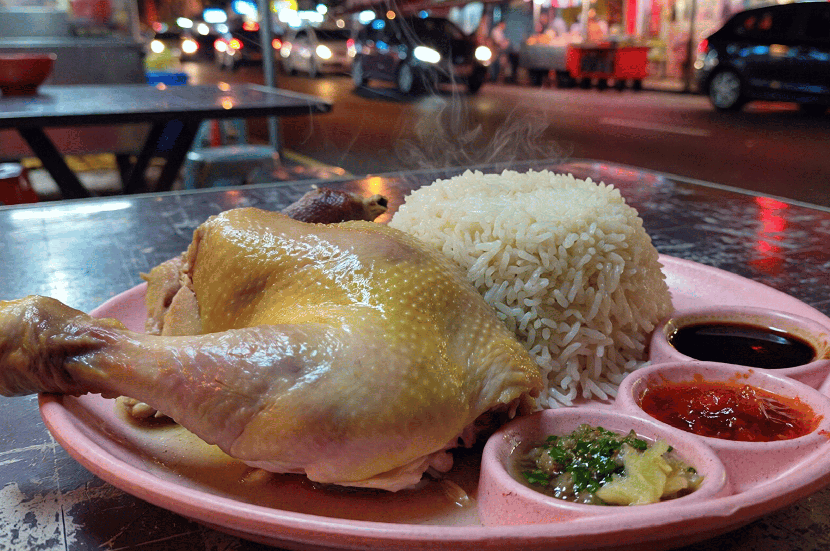 Midnight-Confessions- (5) A pink plate cradles glistening chicken and fragrant rice, flanked by three vivid sauces—an intimate still life of Southeast Asian supper, where steam and streetlight whisper stories only night can tell.