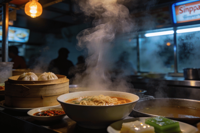 Steam-Seduction-SG- (1) A steamy bowl of noodle soup, pillowy buns in a bamboo steamer, and vibrant chili condiments set against a glowing hawker stall—evoking the sensual warmth and irresistible flavors of Singapore’s street food scene.