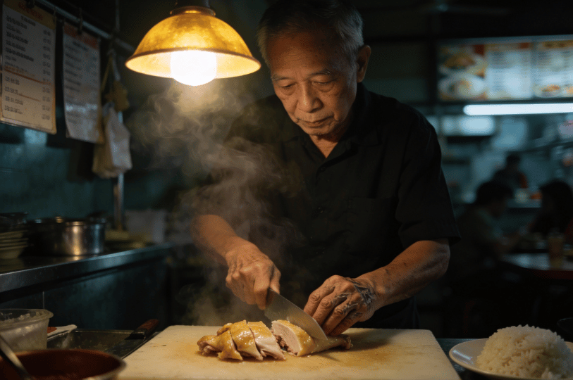 Steam-Seduction-SG- (2) An elderly chef slices steaming chicken under a warm lamp in a humble eatery—his quiet focus and the rising steam capturing the soul of Singapore’s street food seduction.