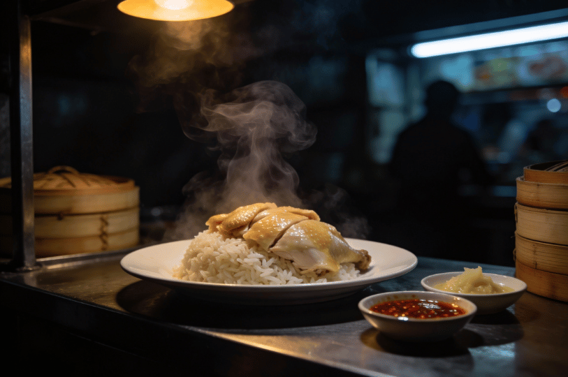 Steam-Seduction-SG- (4) A warm plate of Hainanese chicken rice glows under hawker stall lights, surrounded by chili and ginger sauces—its steam and simplicity embodying Singapore’s seductive street food charm.