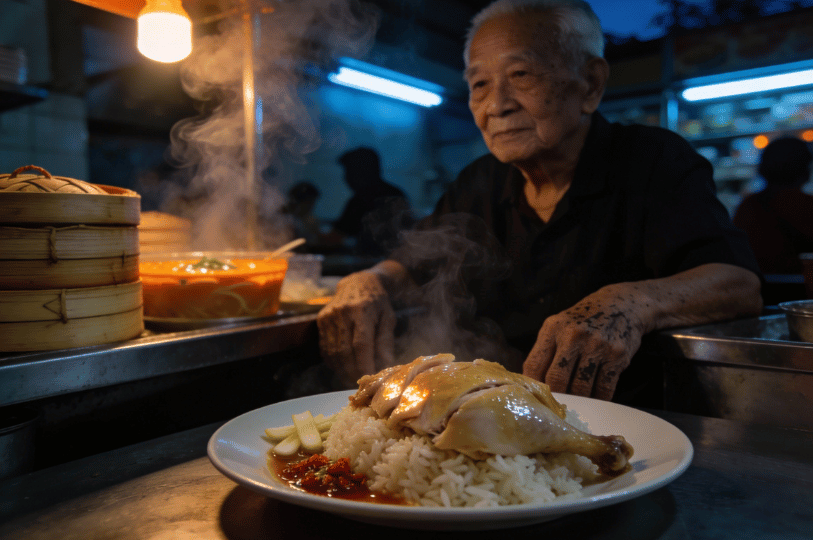 Steam-Seduction-SG- (5) A steaming plate of poached chicken over rice, garnished with cucumber and chili sauce, glows under hawker stall lights—an intimate portrait of Singapore’s soulful street food and the hands that craft it.