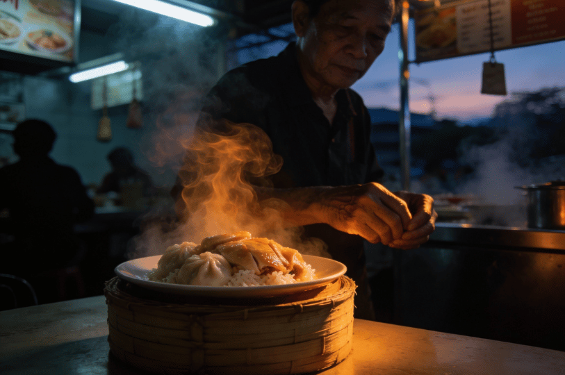 Steam-Seduction-SG- (6) A street vendor lifts the lid on steaming dumplings in a bamboo basket, bathed in warm evening light—capturing the drama, intimacy, and irresistible pull of Singapore’s hawker food rituals.