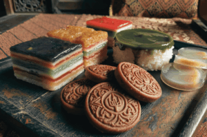 A high-angle, close-up shot of various Peranakan kueh (sweets) on a rustic wooden tray. The selection includes a multi-colored Kueh Lapis Sagu, a glutinous rice cake topped with green pandan custard (Kueh Salat), and embossed brown cookies. The lighting is warm and directional, highlighting the intricate textures and vibrant layers against a dark, moody background.