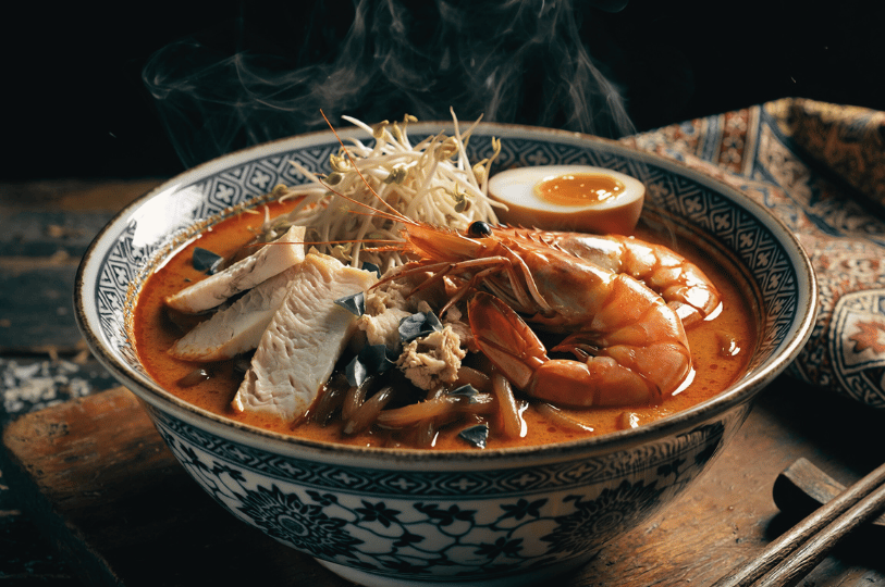 A professional food photograph of a steaming bowl of Nyonya Laksa. The rich, orange coconut curry broth is topped with large prawns, sliced fish cakes, bean sprouts, and a soft-boiled egg. Wisps of steam rise from the bowl, which is set in a blue-and-white patterned ceramic dish, creating a sense of freshness and heat.