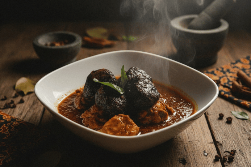 A square white bowl filled with Ayam Buah Keluak, a signature Peranakan chicken stew. The dish features dark, earthy black nuts and tender chicken pieces simmered in a thick, spicy gravy. The scene is set on a wooden table with a mortar and pestle in the soft-focus background, emphasizing the traditional preparation methods of Straits Chinese cuisine.