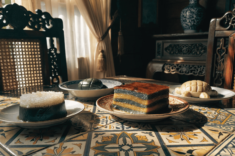 A cinematic wide shot of a Peranakan tea setting on an intricate tiled tabletop. The scene includes various delicacies like Kueh Lapis and a tortoise-shaped Ang Ku Kueh. In the background, ornate carved wooden chairs and a sunlit window with lace curtains evoke the atmosphere of a traditional Baba-Nyonya heritage home.