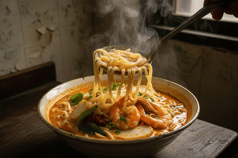 An action shot of a silver ladle lifting thick rice noodles from a bowl of Laksa, showcasing the texture of the noodles and the creamy curry broth. Large prawns and fresh herbs are visible in the bowl below, with dramatic steam rising against a dimly lit, rustic kitchen background.