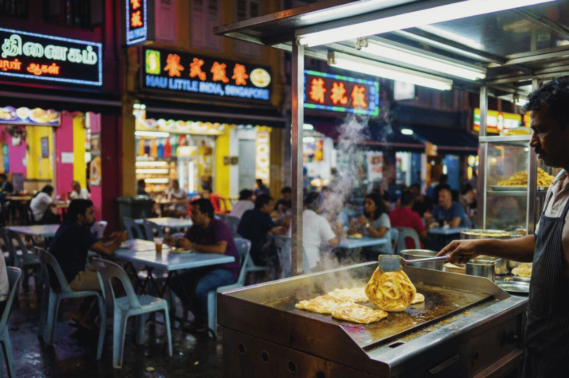 A lively night scene in Little India, Singapore, showing a street food vendor expertly flipping Roti Prata on a large flat griddle while diners eat at outdoor tables under bright neon shop signs.