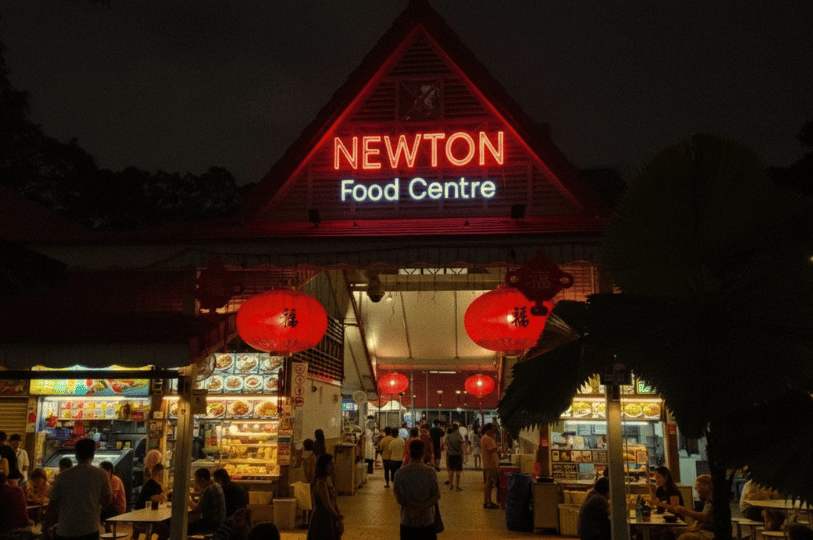 The vibrant, glowing neon red sign of Newton Food Centre at night, featuring red Chinese lanterns and bustling outdoor seafood stalls.