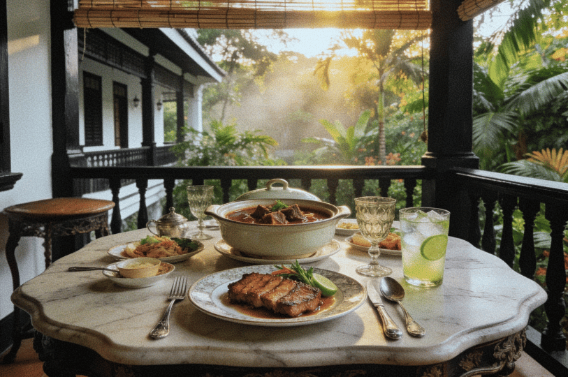 Colonial-Photoshoot- (1) A wide-angle, cinematic shot of a colonial-style marble dining table set on a veranda with dark wood balustrades. The table features a spread of Singaporean-colonial dishes, including a clay pot of beef rendang and sliced pork belly, framed by lush tropical greenery and golden sunset light filtering through bamboo blinds.