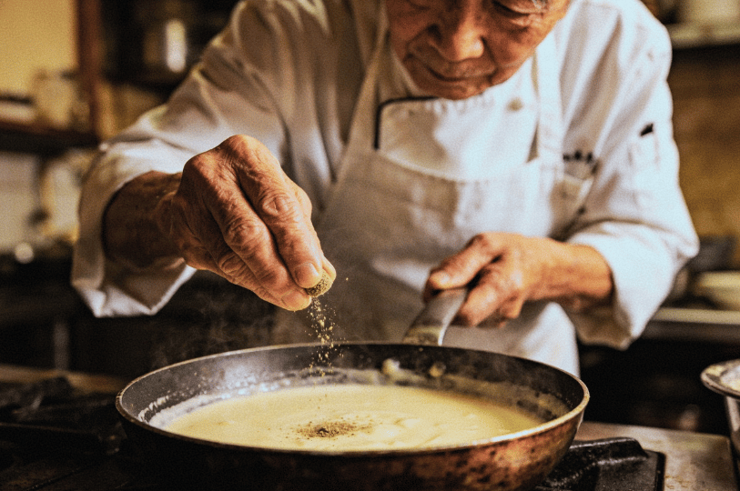 Colonial-Photoshoot- (2) A close-up, action shot of an elderly chef in a white uniform meticulously seasoning a creamy sauce in a rustic copper pan. The warm, grainy photography style emphasizes the textures of the chef’s hands and the rising steam, capturing the artisanal nature of heritage cooking.