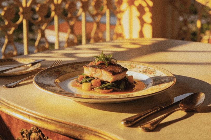 Colonial-Photoshoot- (4) An elegant, high-contrast food styling shot of a seared fish fillet resting on a bed of sautéed vegetables and pumpkin. The plate is positioned on a white tablecloth under sharp, patterned shadows cast by a colonial balcony railing, creating a sophisticated "afternoon tea" atmosphere.