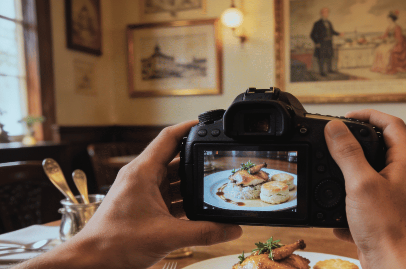 Colonial-Photoshoot- (5) An elegant, high-contrast food styling shot of a seared fish fillet resting on a bed of sautéed vegetables and pumpkin. The plate is positioned on a white tablecloth under sharp, patterned shadows cast by a colonial balcony railing, creating a sophisticated "afternoon tea" atmosphere.
