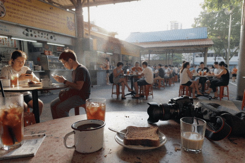 Dawn-Morning-Market-Food-Blog- (5) A point-of-view shot from a table at a bustling outdoor hawker center. In the foreground sit a cup of coffee, a slice of toast, and a camera, while the background shows diners seated at round tables under a high roof as the bright morning sun begins to stream in.