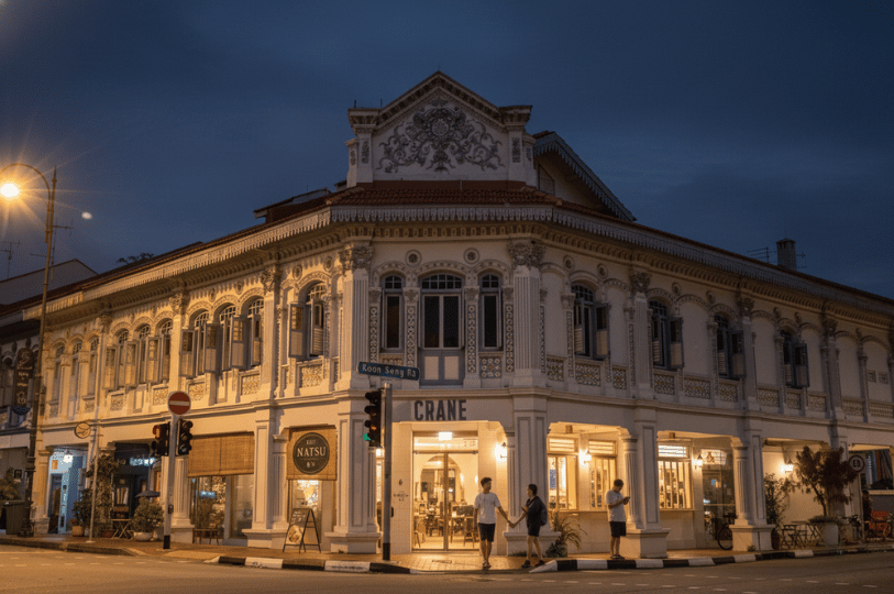 Dumpling- (4) A low-angle shot of a beautifully restored, ornate white heritage building at the corner of Koon Seng Road at dusk, featuring intricate architectural carvings and warm light spilling from the "CRANE" storefront.