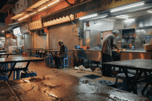 A wide shot of a quiet hawker center at night. In the foreground, a rain-slicked table reflects the overhead lights. An elderly worker in a tan shirt wipes down a metal counter, while another man sits tiredly on a blue plastic stool nearby against a backdrop of closed metal shutters.
