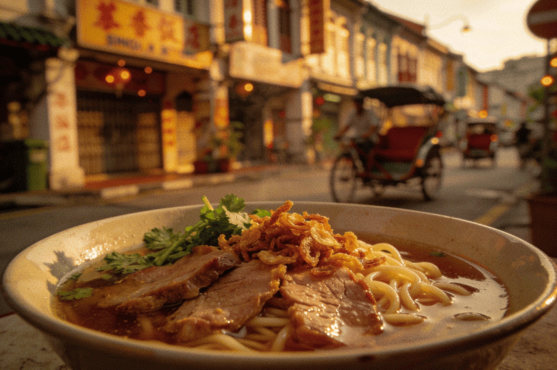 A steaming bowl of traditional noodles with sliced meat and fried onions in the foreground. The background features a soft-focus, golden-hour view of a historic Singapore street with a trishaw, establishing a vintage, storytelling aesthetic for heritage food photography.