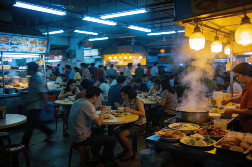 A busy Singaporean hawker center at night featuring a mix of cool fluorescent overhead lights and warm tungsten stall bulbs. Diners sit at round tables amidst rising steam from cooking stations, illustrating the atmospheric and chaotic lighting conditions typical of traditional food courts.