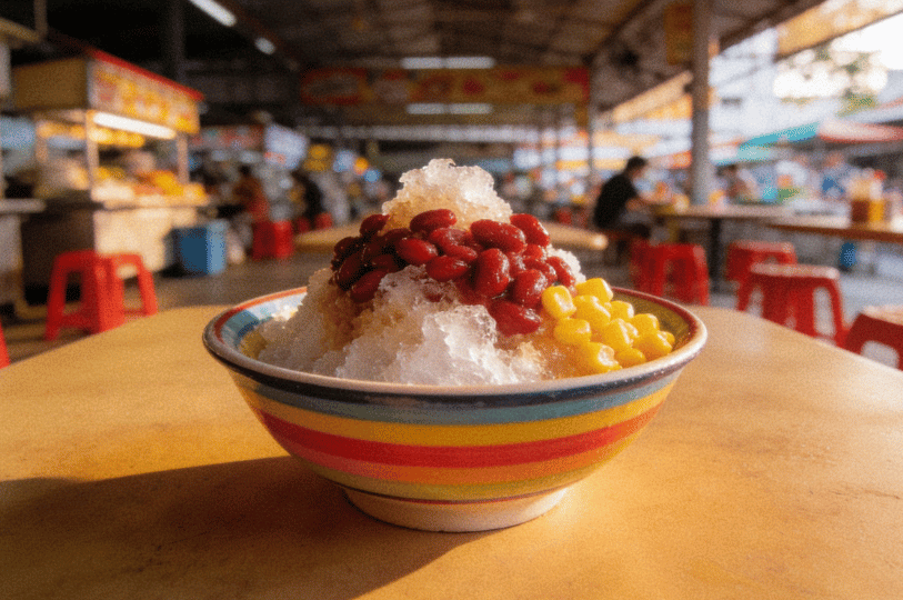 A bowl of Ice Kacang (shaved ice dessert) topped with red beans and corn, sitting on a table in an open-air food court. The background is slightly blurred with red plastic stools and stalls, evoking a sense of nostalgic memory and local dessert culture.