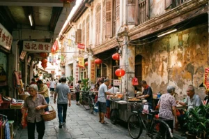 A bustling narrow street in Kampong Glam, Singapore, featuring historic shophouses, red lanterns, and a street food vendor cooking Char Kway Teow.