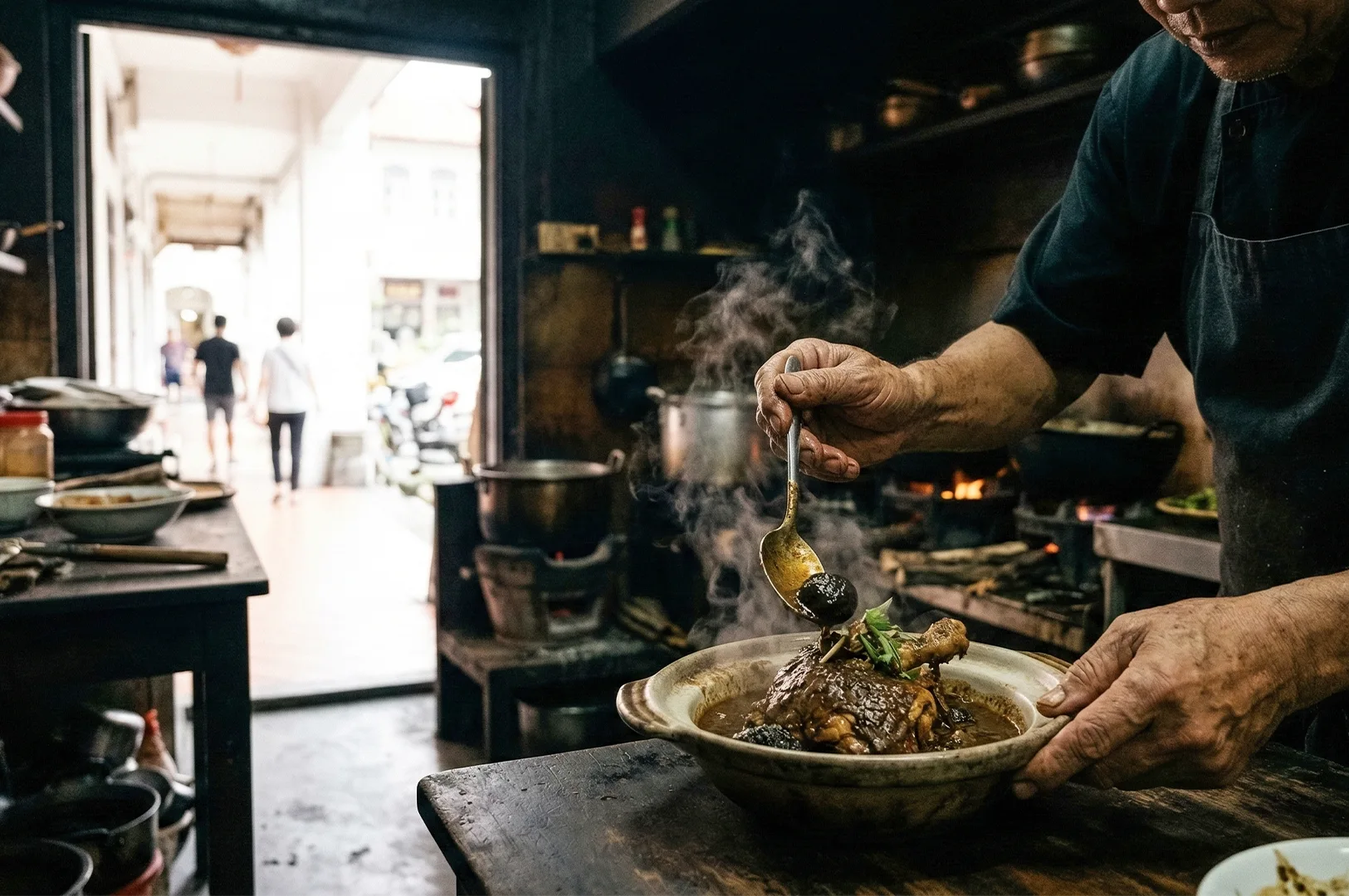 5-traditional-claypot-cooking-singapore-kitchen.webp A chef serving a steaming hot claypot chicken dish in a rustic, traditional kitchen with a view leading out to a sunlit walkway.