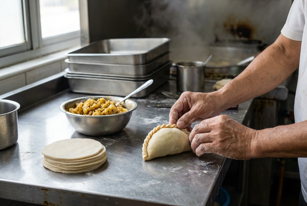 A close-up, focused shot of a pair of weathered hands meticulously crimping the edges of a curry puff on a stainless steel prep table. A bowl of potato filling and a stack of raw dough circles sit nearby. The shallow depth of field emphasizes the tactile, handmade process of crafting traditional Singaporean pastries.