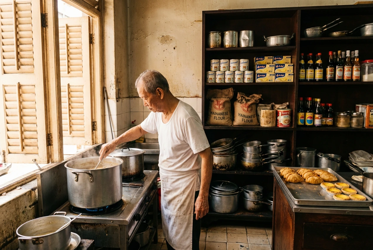 A side-profile shot of an elderly man in a white undershirt and apron stirring a large industrial pot on a gas stove. Behind him, tall wooden shelves are stocked with sacks of "Hainanese Flour," condensed milk tins, and rows of soy sauce bottles. The scene is framed by a traditional louvered window, emphasizing a colonial-era kitchen aesthetic.
